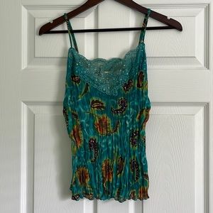 Turquoise Tank Top with Lace and Sequin Neckline